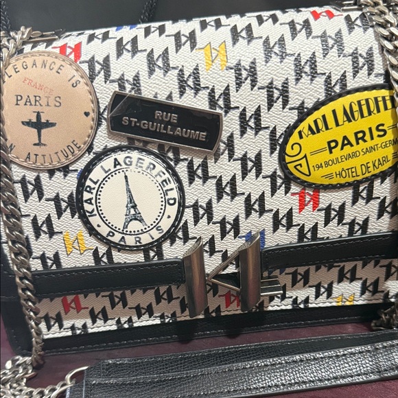Brandnew Karl Lagerfeld Black, White & Yellow Paris Patch Crossbody Bag - Picture 2 of 12